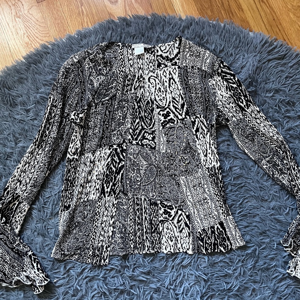 Alberto Makali Black White Patchwork Print Long Sleeve Y2K Cardigan Top Size S